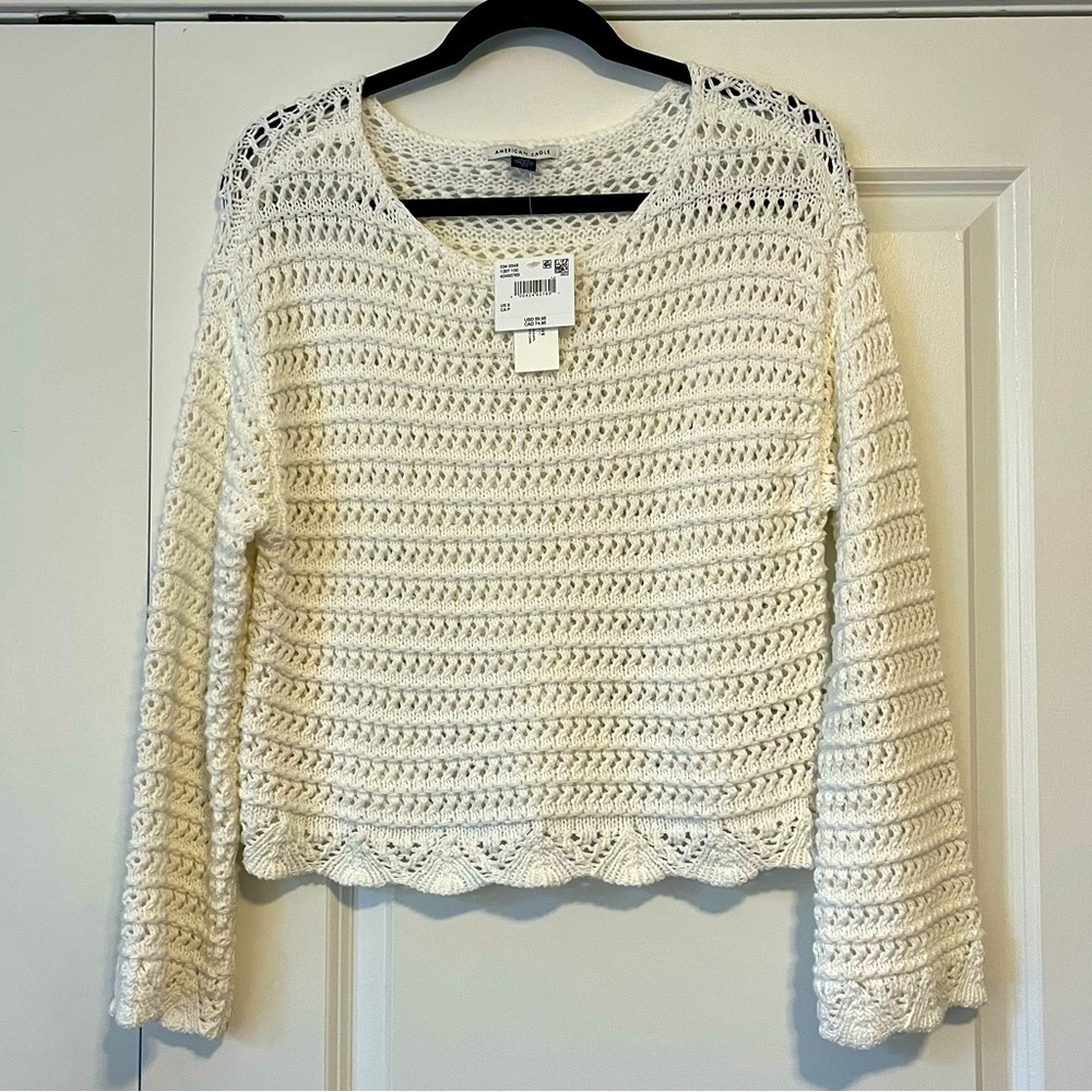 American Eagle Outfitters Cream Crochet Sweater